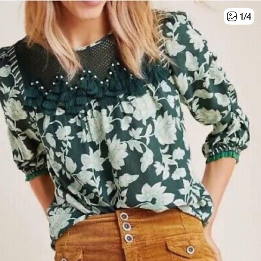 Vineet Bahl Sheryl Floral Crotchet Tassel Linen Blouse Green Womens XL